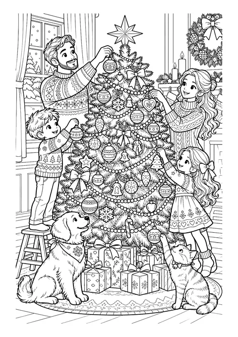 Ausmalbild: Familie mit zwei Kindern schmückt einen Weihnachtsbaum, Hund und Katze sitzen bei Geschenken darunter