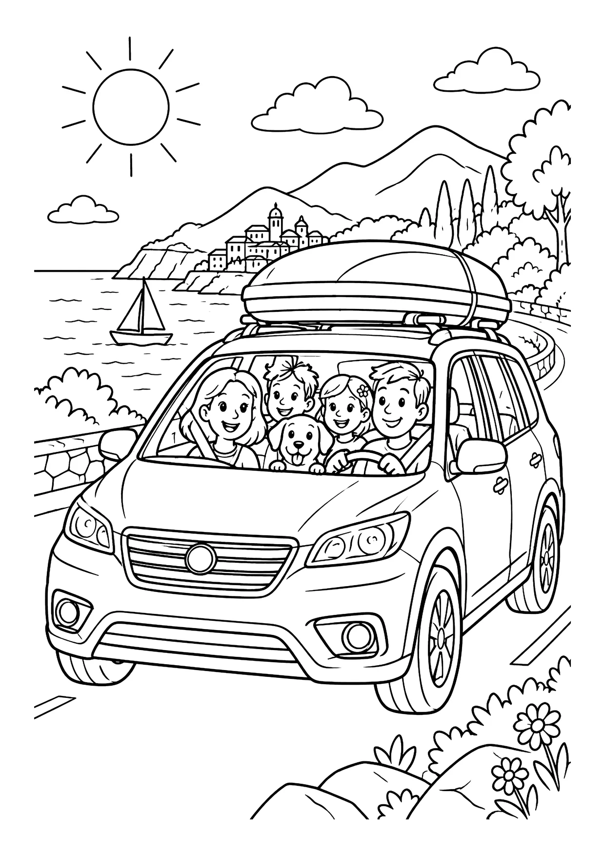 Ausmalbild: Familienauto mit Dachbox auf Küstenstraße, vier Kinder und Hund im Auto, Meer, Segelboot und Sonne