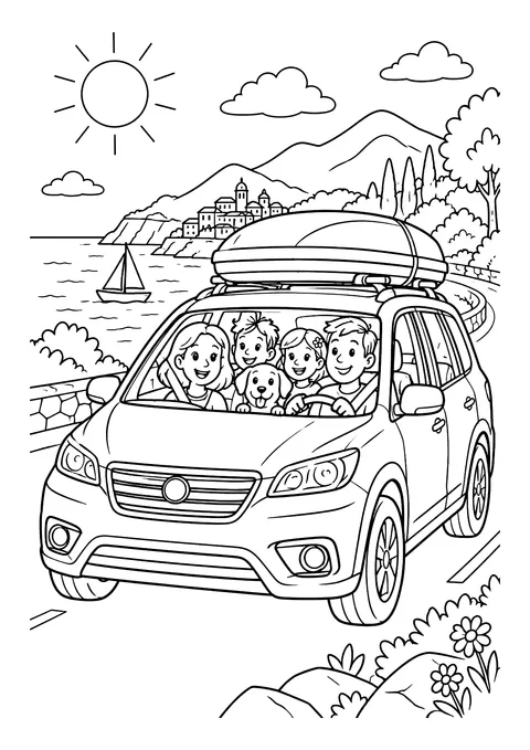 Ausmalbild: Familienauto mit Dachbox auf Küstenstraße, vier Kinder und Hund im Auto, Meer, Segelboot und Sonne