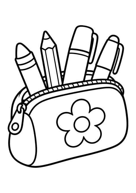 Ausmalbild: Federmäppchen mit Reißverschluss und Blume, darin Wachsmaler, Buntstift, Filzstift und Kugelschreiber.
