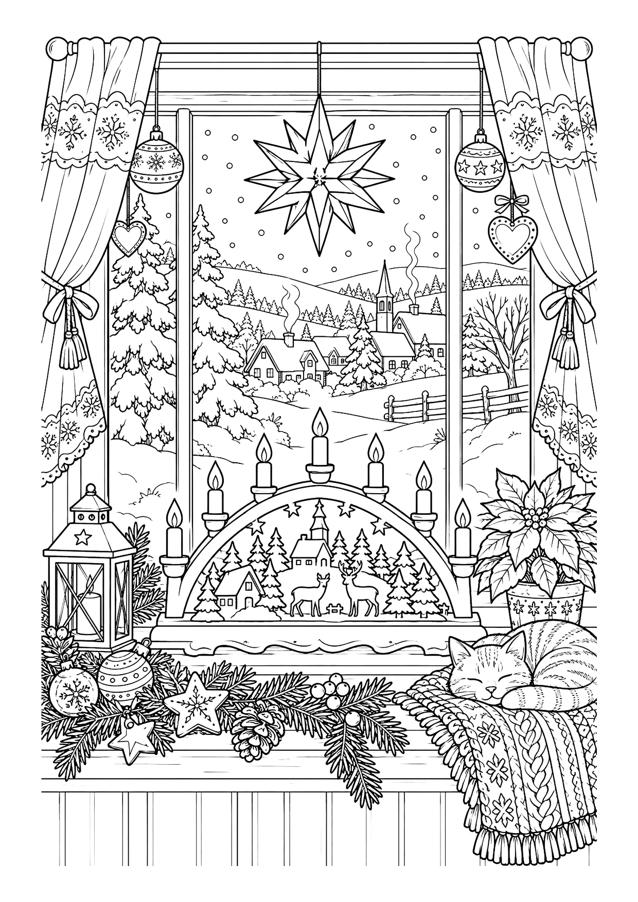 Ausmalbild: Fensterbank mit Schwibbogen, Laterne, Katze auf Decke und Blick auf ein verschneites Dorf