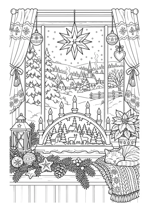 Ausmalbild: Fensterbank mit Schwibbogen, Laterne, Katze auf Decke und Blick auf ein verschneites Dorf