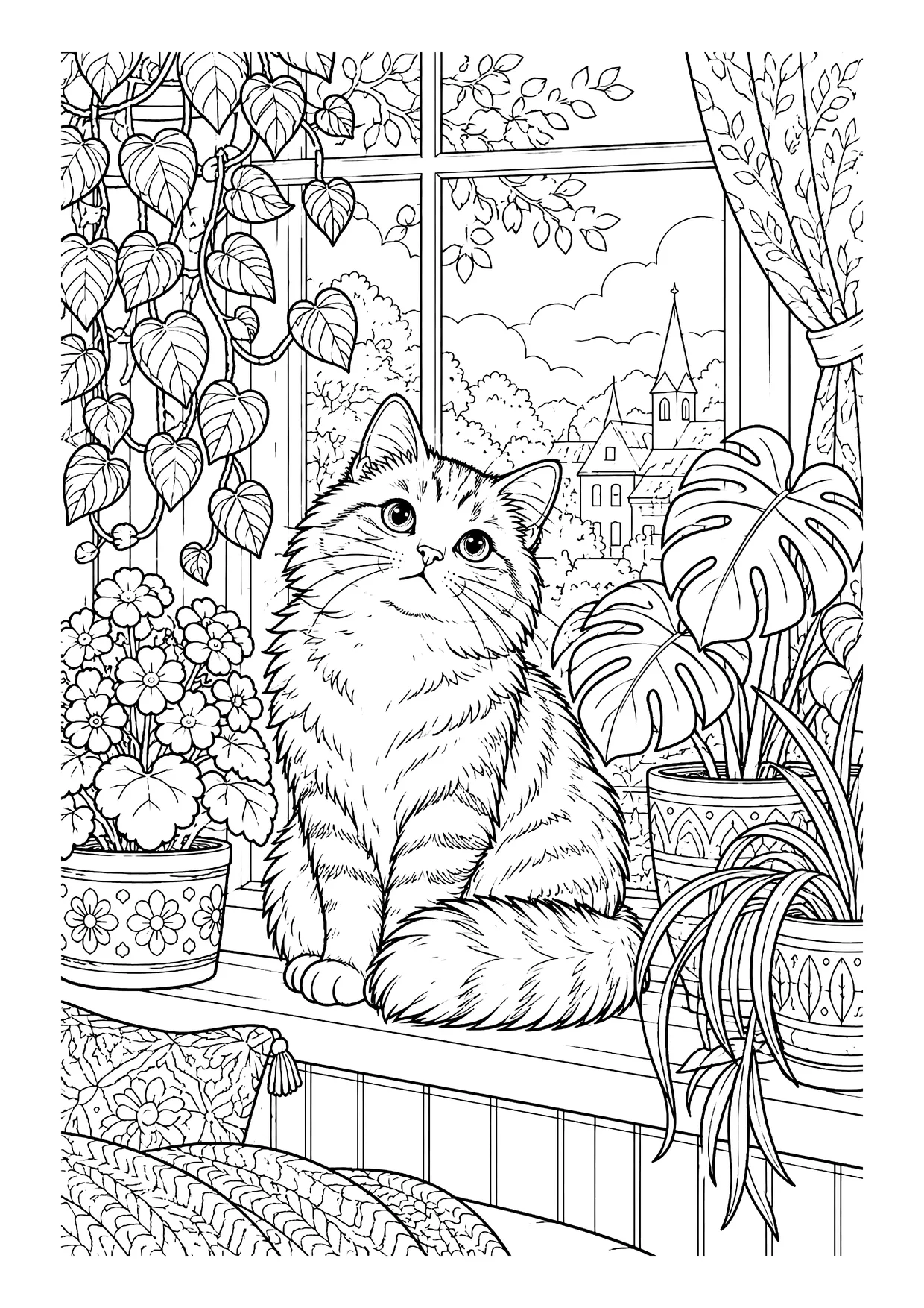 Ausmalbild: Langhaarkatze auf Fensterbank zwischen Zimmerpflanzen, dahinter Fenster mit Blick auf Dorf und Kirchturm