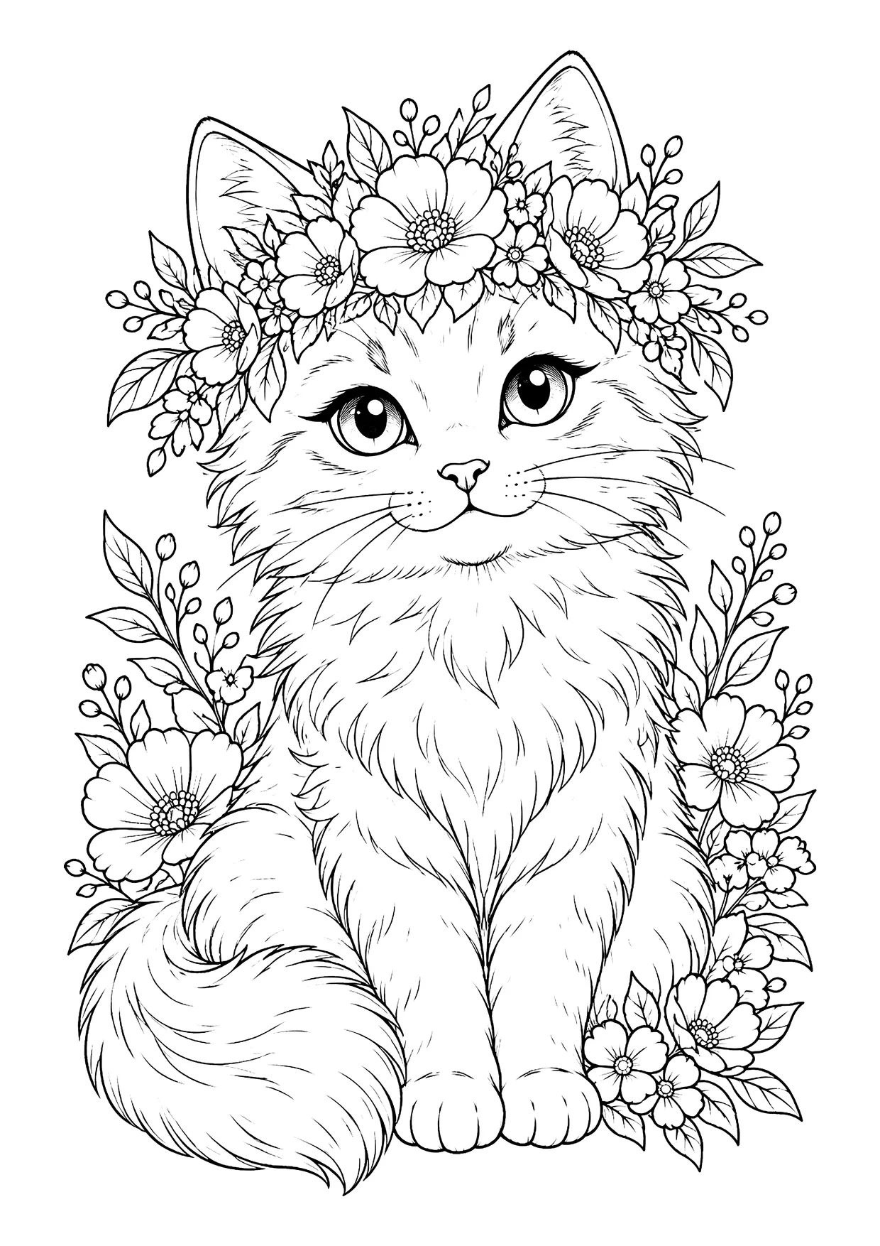 Ausmalbild: sitzende Langhaarkatze mit Blumenkrone, umgeben von Blüten, Knospen und Blättern