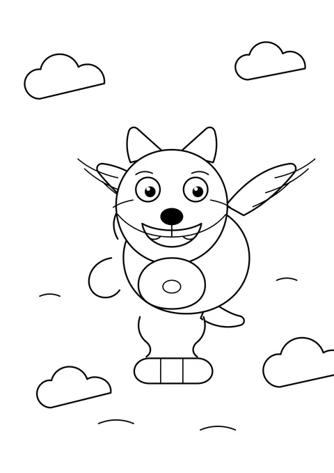 Ausmalbild: Hund mit großen Flügeln fliegt zwischen Wolken am Himmel