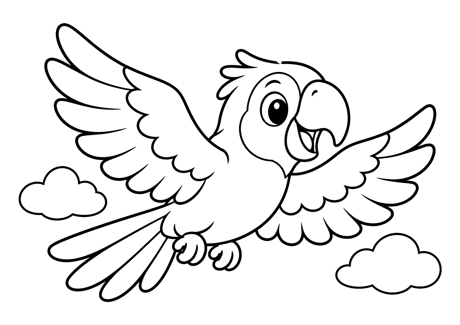 Ausmalbild: Papagei mit ausgebreiteten Flügeln und langen Schwanzfedern fliegt zwischen zwei Wolken