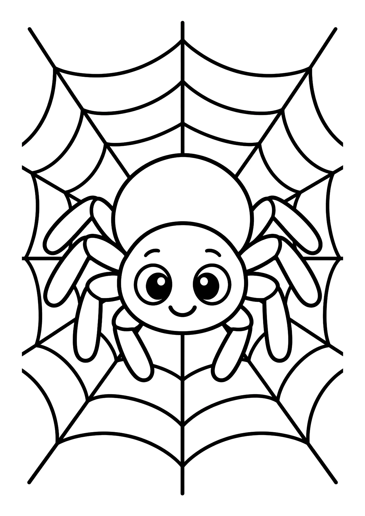 Ausmalbild: Lächelnde Spinne mit großen Augen sitzt in der Mitte eines großen Spinnennetzes