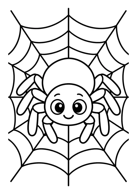 Ausmalbild: Lächelnde Spinne mit großen Augen sitzt in der Mitte eines großen Spinnennetzes