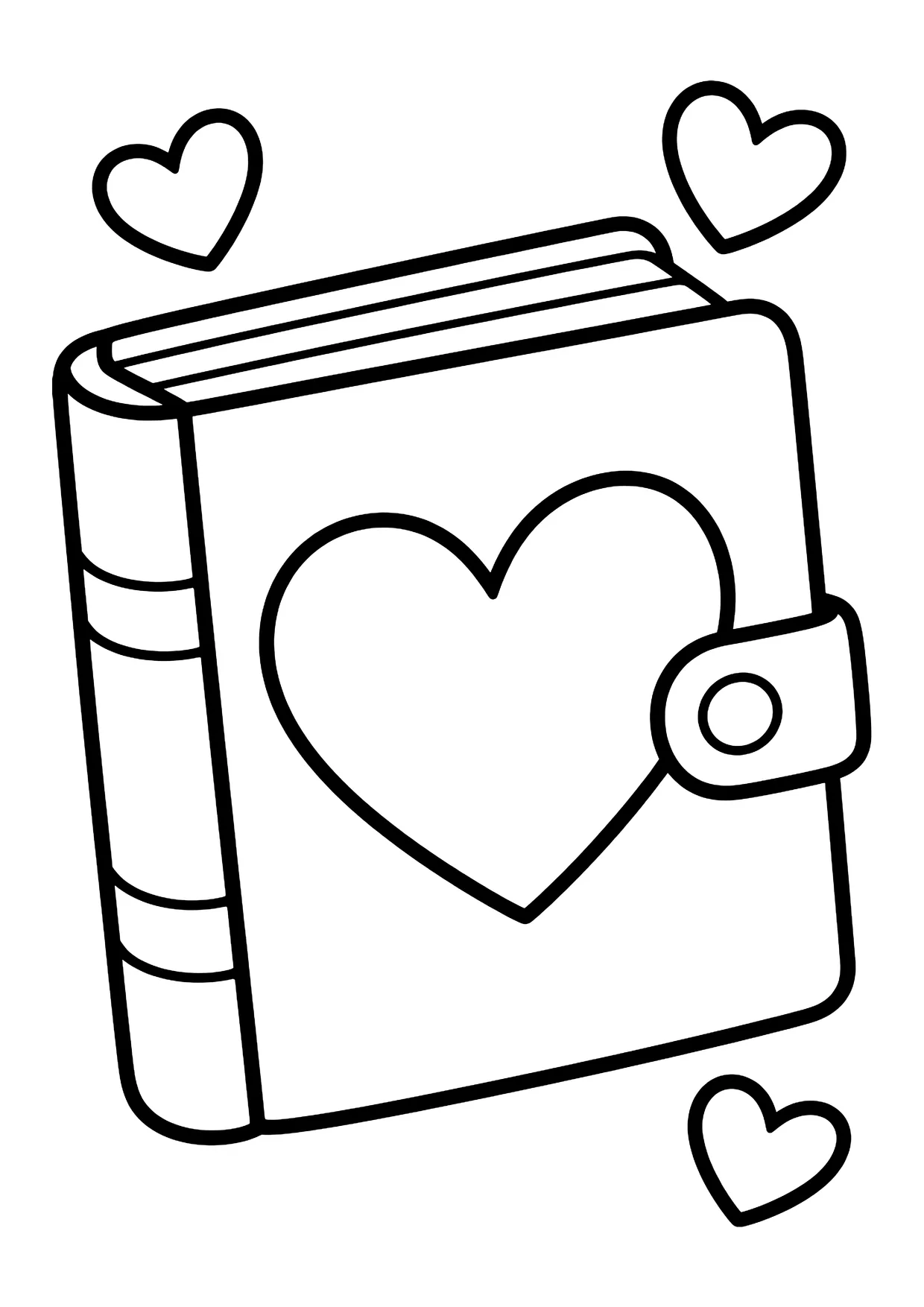 Ausmalbild: Buch mit großem Herz auf dem Deckel, Knopfverschluss und drei kleinen Herzen daneben