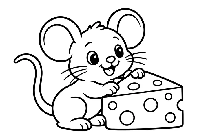 Ausmalbild: Lächelnde Maus mit großen Ohren und Schnurrhaaren hält ein dreieckiges Käsestück mit Löchern.