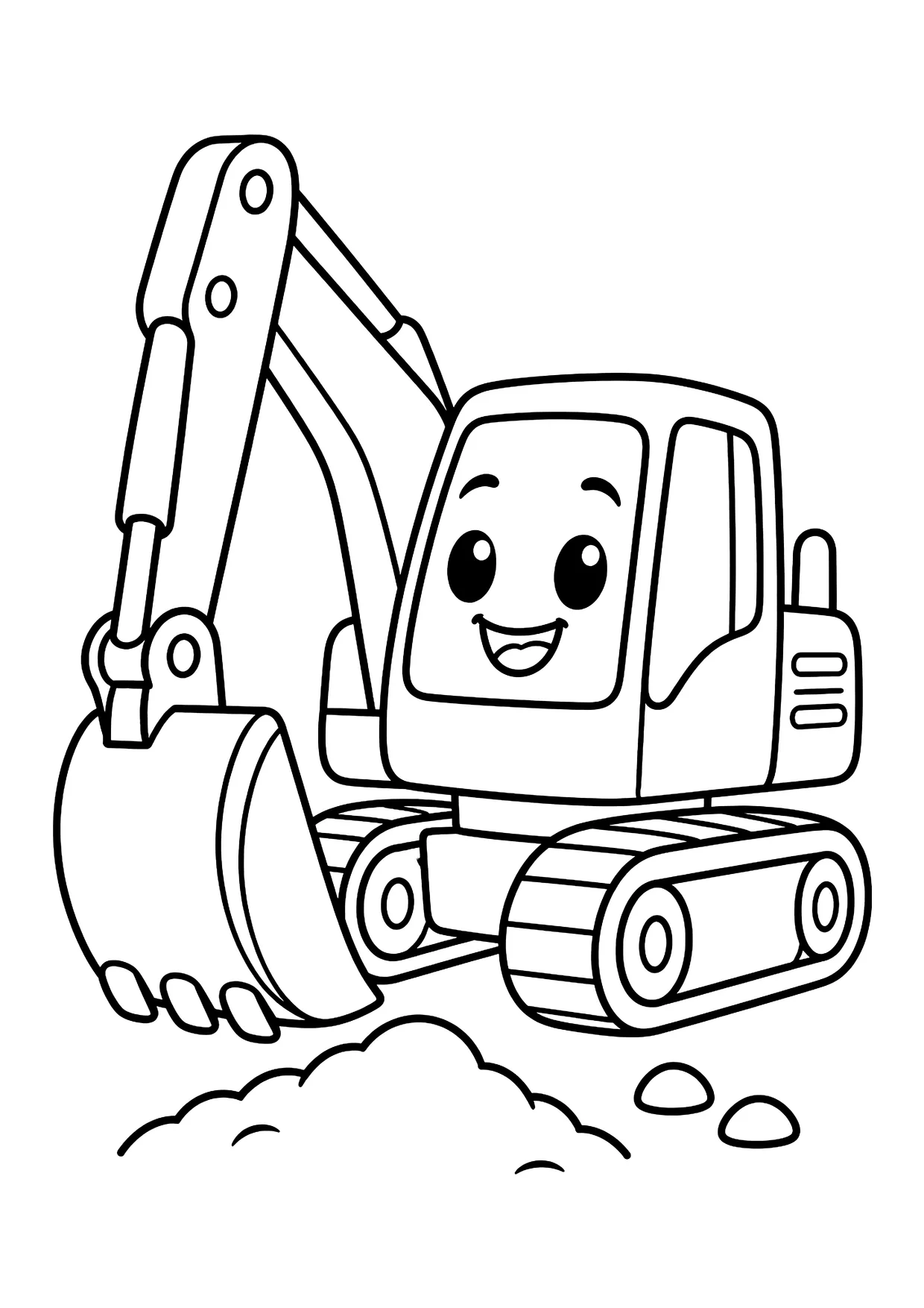 Ausmalbild: lachender Bagger mit Raupenketten, Baggerarm und großer Schaufel, dazu Sonne und Wolke
