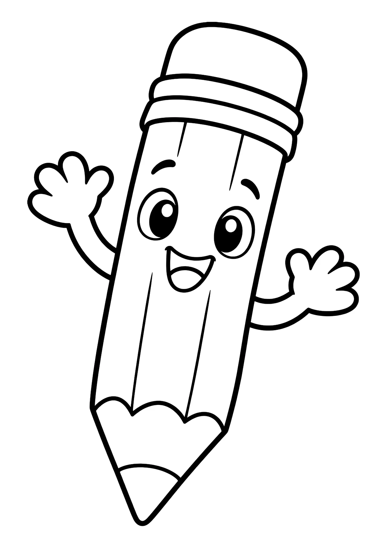 Ausmalbild: lachender Buntstift mit großen Augen, Radiergummi-Kappe und zwei winkenden Händen