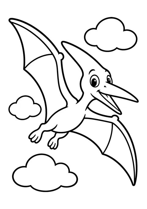 Ausmalbild: Flugsaurier mit ausgebreiteten Flügeln und langem Schnabel fliegt zwischen drei Wolken