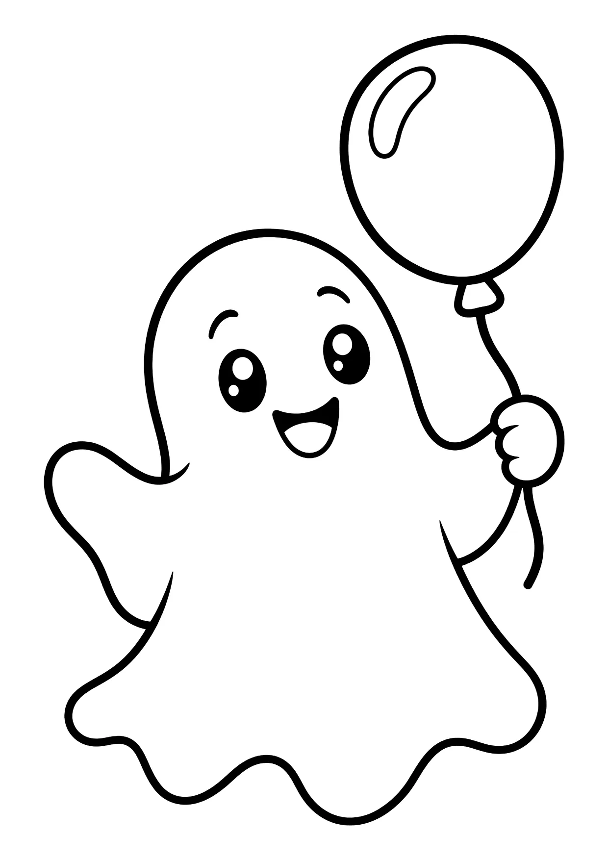 Ausmalbild: Lachendes Gespenst mit großen Augen hält einen runden Luftballon an einer Schnur.