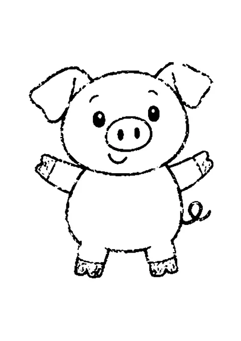 Ausmalbild: fröhliches Schwein mit Ringelschwanz, das winkt