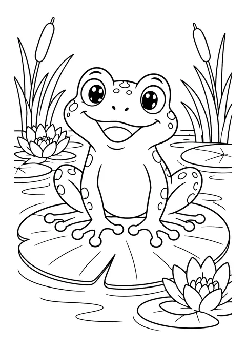 Ausmalbild: Lachender Frosch sitzt auf einem Seerosenblatt im Teich, daneben Seerosenblüten, Schilf und Rohrkolben.