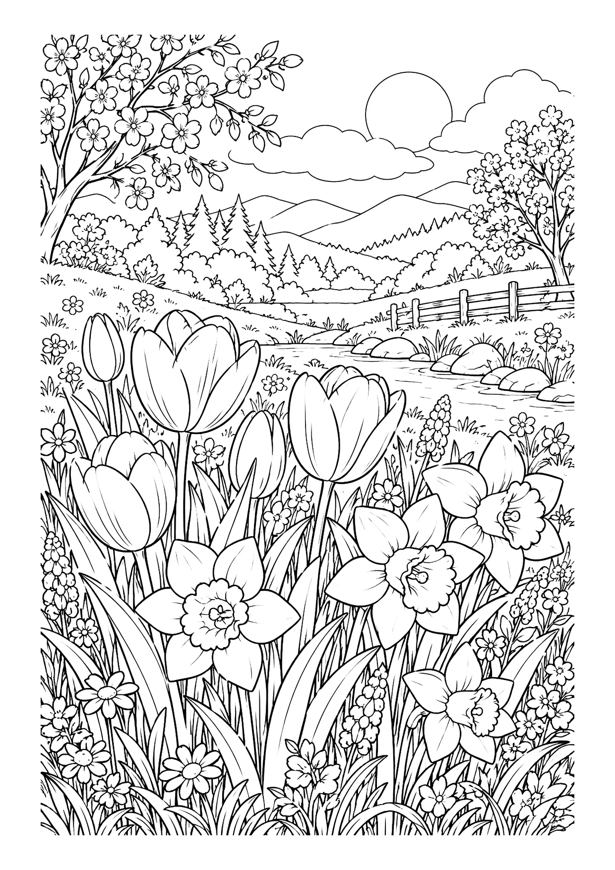 Ausmalbild: Wiese mit Tulpen, Narzissen und Hyazinthen, dahinter Bach, Holzzaun, blühende Bäume und Hügel