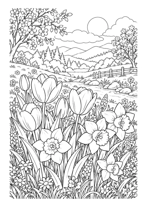 Ausmalbild: Wiese mit Tulpen, Narzissen und Hyazinthen, dahinter Bach, Holzzaun, blühende Bäume und Hügel