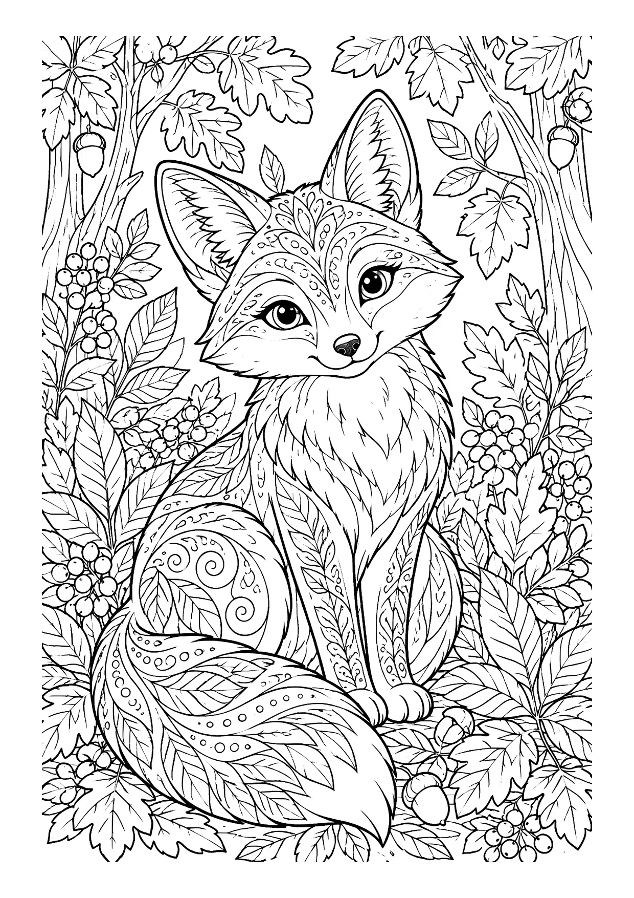 Ausmalbild: Sitzender Fuchs mit Ziermustern vor Blättern, Beerenzweigen, Eicheln und Baumstämmen