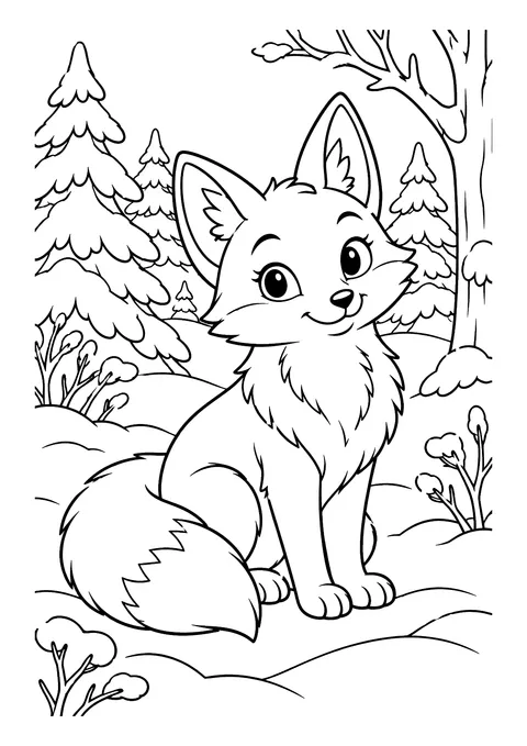 Ausmalbild: Sitzender Fuchs mit buschigem Schwanz im Schnee vor Tannen, Sträuchern und einem Baumstamm