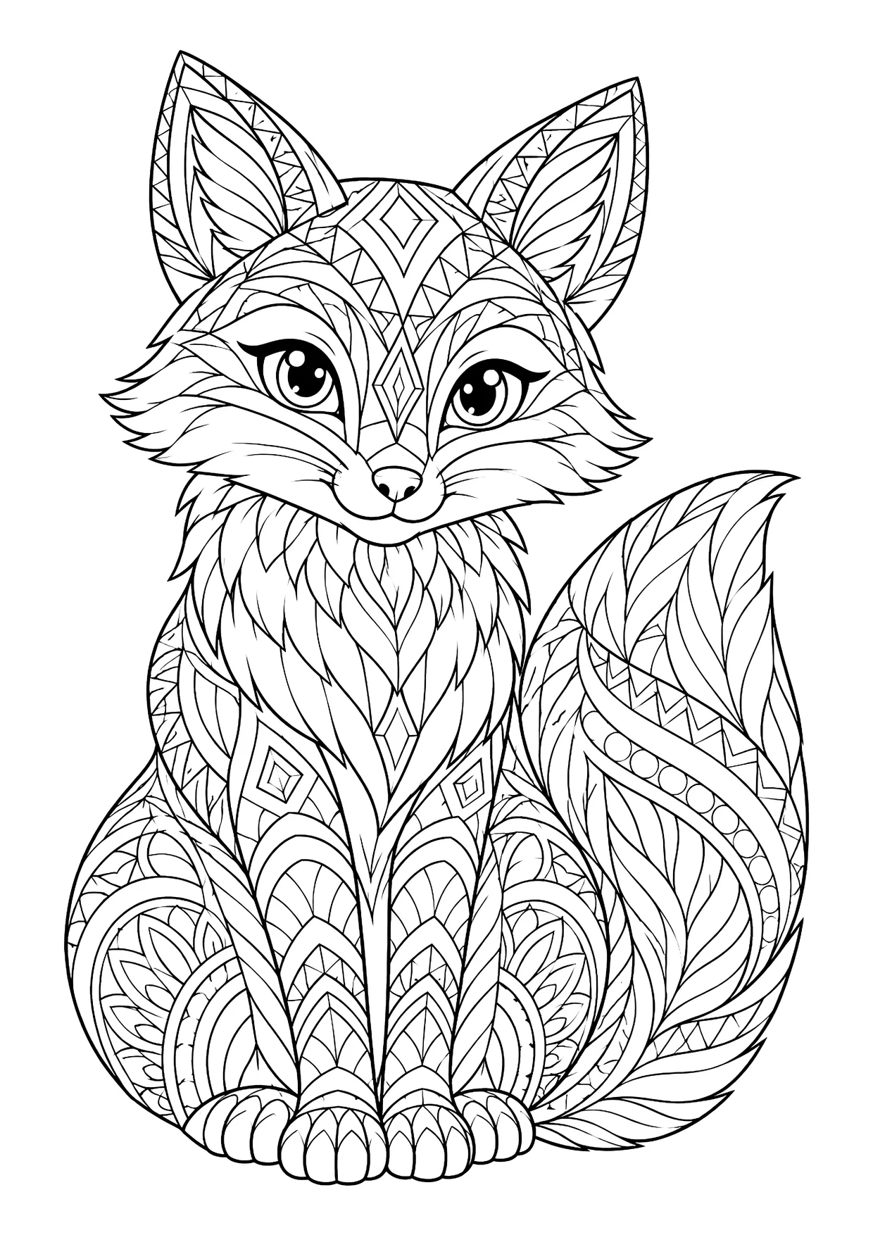 Ausmalbild: sitzender Fuchs von vorn mit großen Augen, Spitzohren und buschigem Schwanz, komplett mit Zentangle-Mustern gefüllt