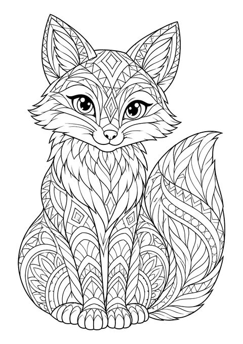 Ausmalbild: sitzender Fuchs von vorn mit großen Augen, Spitzohren und buschigem Schwanz, komplett mit Zentangle-Mustern gefüllt
