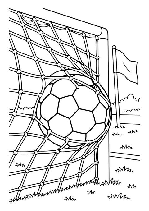 Ausmalbild: Fußball im Tornetz, daneben eine Fahne an einer Stange und Gras am Boden