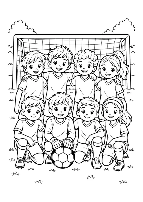 Ausmalbild: Acht Kinder in Fußballtrikots posieren in zwei Reihen mit Ball vor einem Tor auf einer Wiese