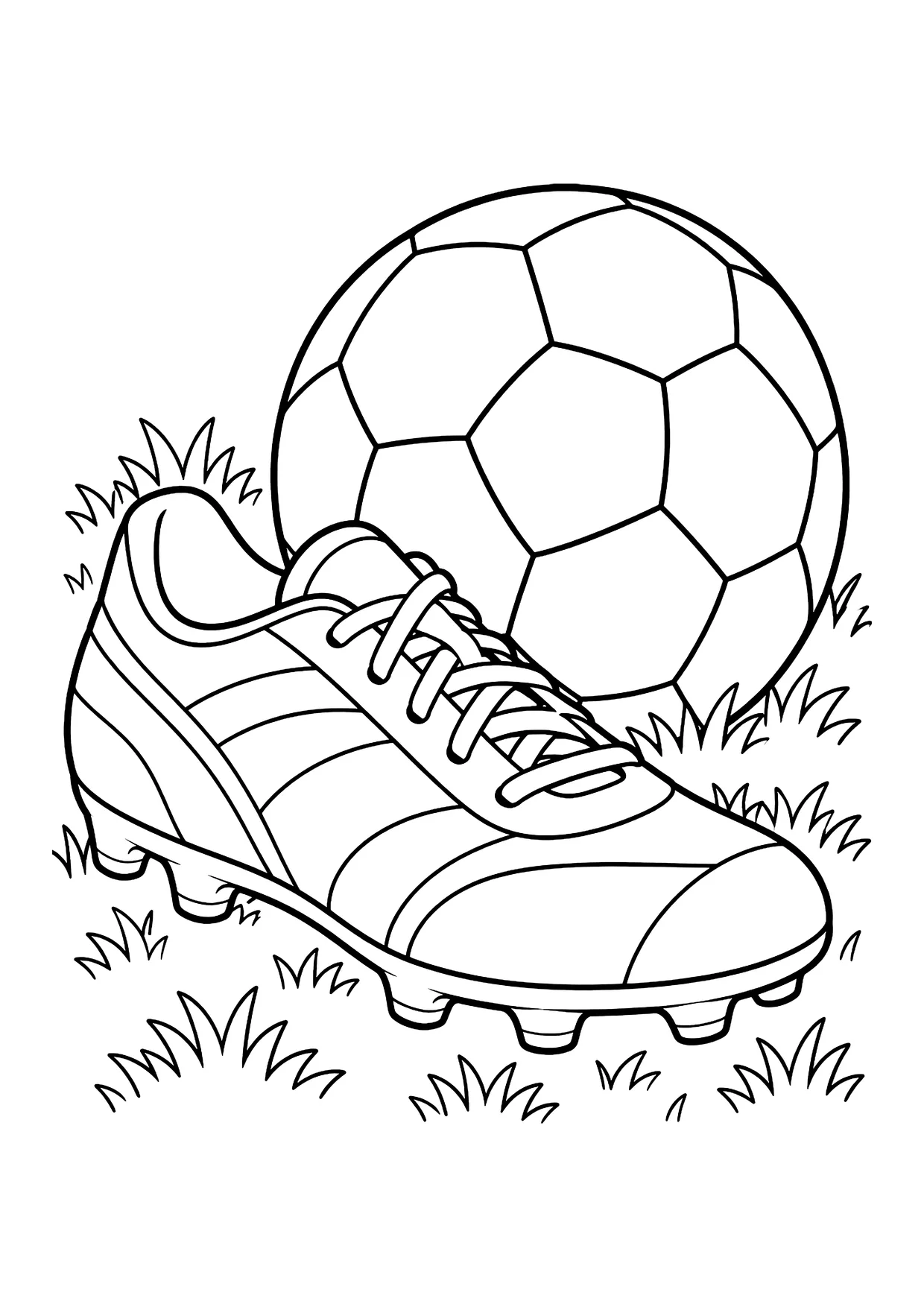Ausmalbild: Fußballschuh mit Stollen und Schnürsenkeln im Gras, dahinter ein großer Fußball