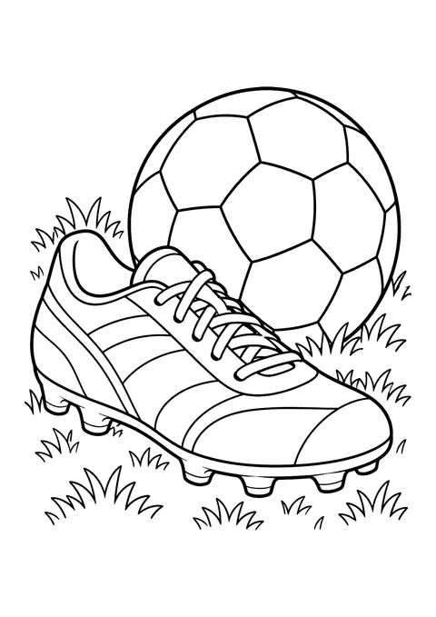 Ausmalbild: Fußballschuh mit Stollen und Schnürsenkeln im Gras, dahinter ein großer Fußball
