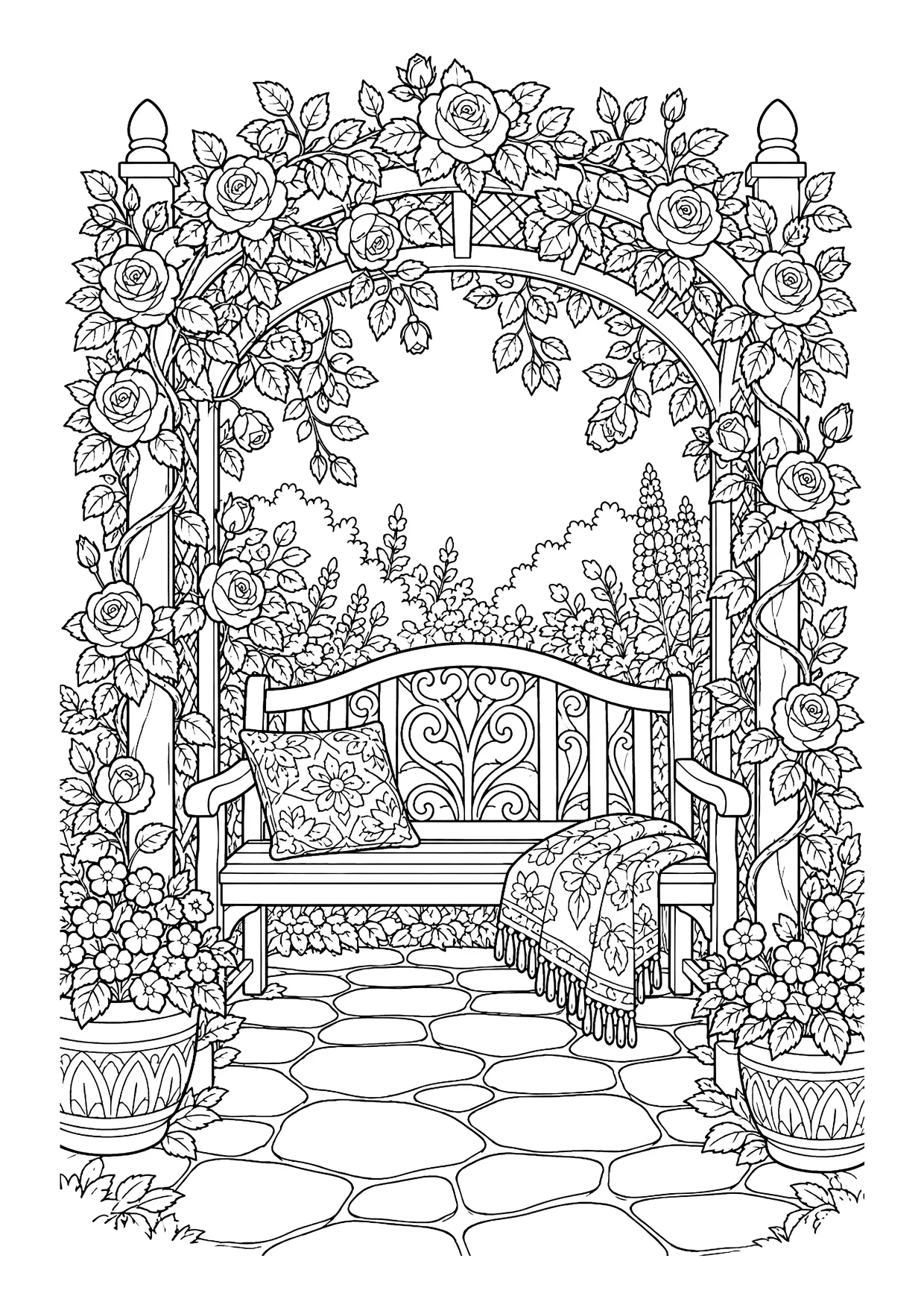 Ausmalbild: Gartenbank mit Kissen und Decke unter einem Rosenbogen, Blumentöpfe und Steinweg
