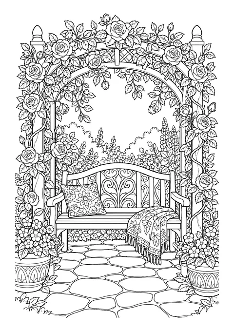 Ausmalbild: Gartenbank mit Kissen und Decke unter einem Rosenbogen, Blumentöpfe und Steinweg