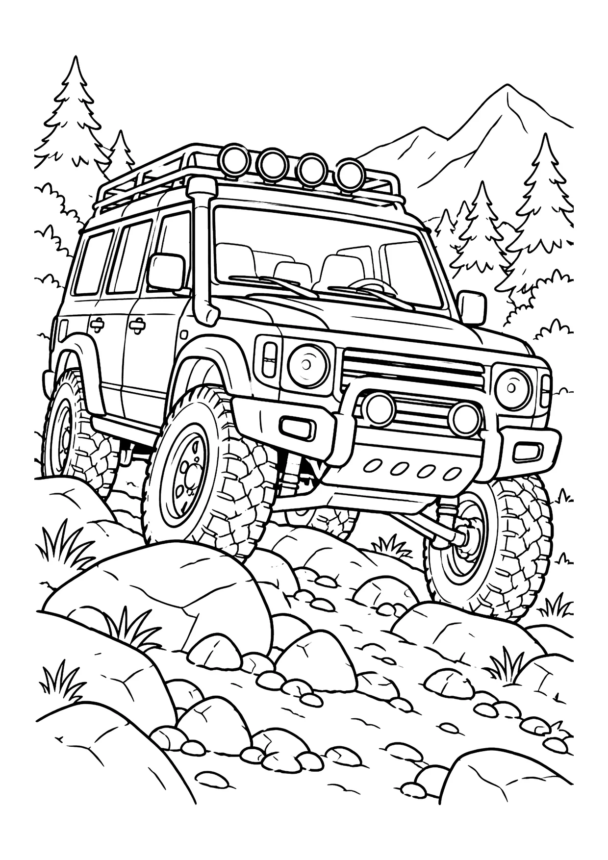 Ausmalbild: Geländewagen mit Dachträger und Stollenreifen auf steiniger Piste vor Bergen und Tannen