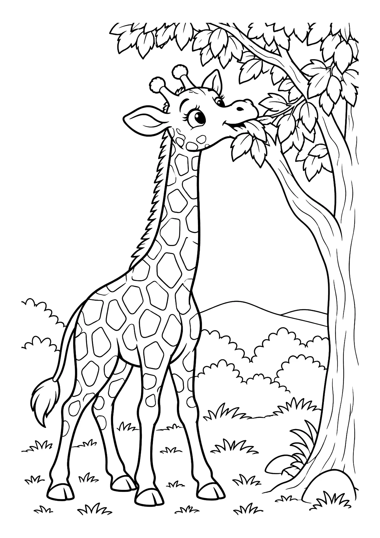 Ausmalbild: Giraffe mit langem Hals frisst Blätter von einem Baum, daneben Büsche, Gras und Steine
