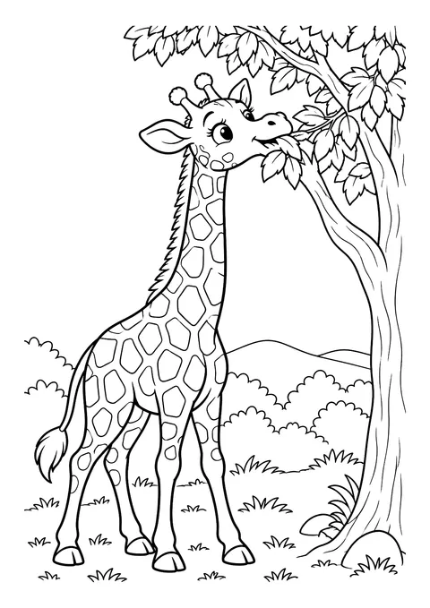 Ausmalbild: Giraffe mit langem Hals frisst Blätter von einem Baum, daneben Büsche, Gras und Steine