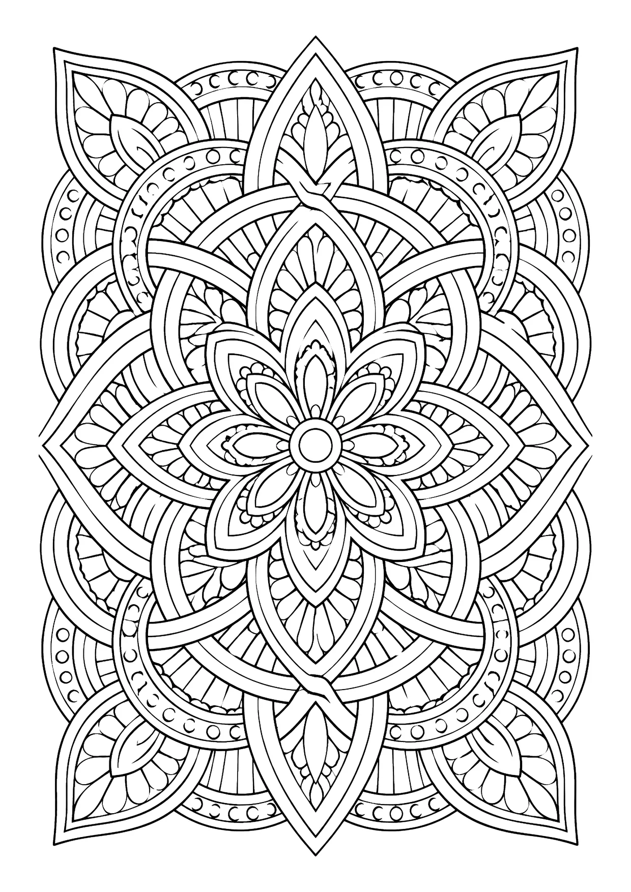 Ausmalbild: symmetrisches Blütenmandala mit achtblättriger Mittelblüte, spitzen Blättern, verschlungenen Bögen und Punktreihen