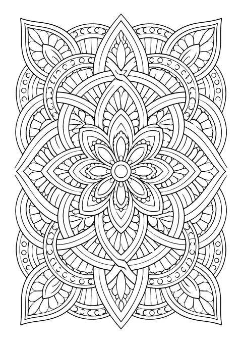 Ausmalbild: symmetrisches Blütenmandala mit achtblättriger Mittelblüte, spitzen Blättern, verschlungenen Bögen und Punktreihen