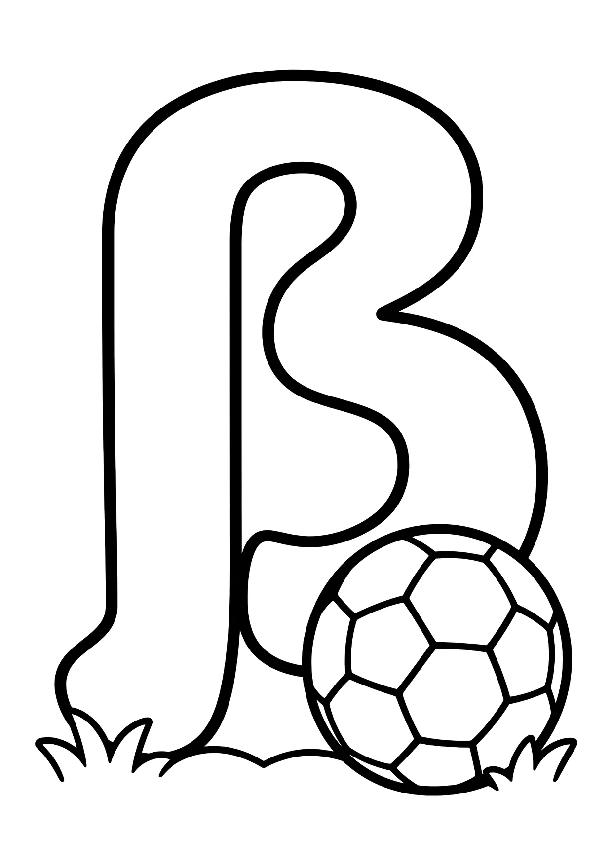 Ausmalbild: großer Buchstabe ß mit Fußball und Grasbüscheln davor