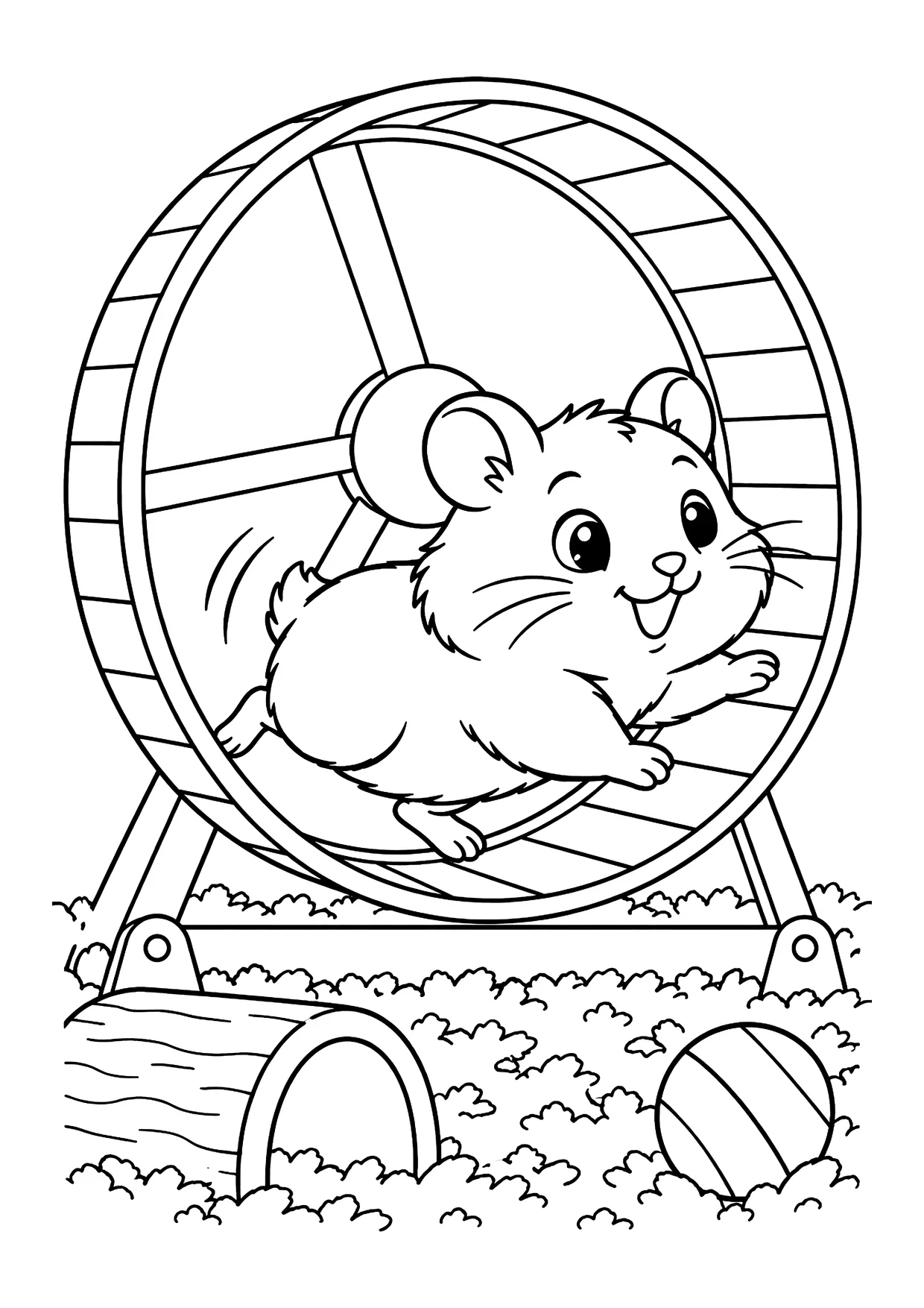 Ausmalbild: Hamster rennt in einem großen Laufrad, darunter Streu, Holzhaus und gestreifter Ball