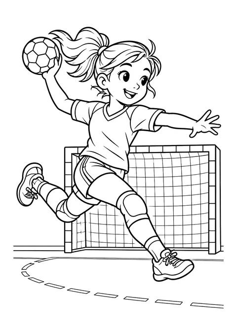Ausmalbild: Handballspielerin springt mit Ball in der Hand vor einem Hallentor, im Hintergrund die gestrichelte Kreislinie