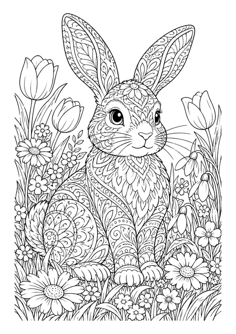 Ausmalbild: Hase mit Zentangle-Mustern sitzt in einer Wiese voller Tulpen, Margeriten und Schneeglöckchen