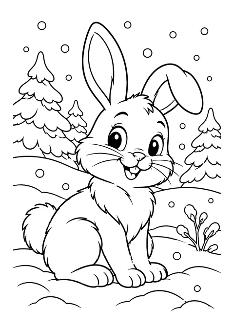 Ausmalbild: Lachender Hase sitzt im Schnee vor verschneiten Tannen, Schneeflocken fallen vom Himmel