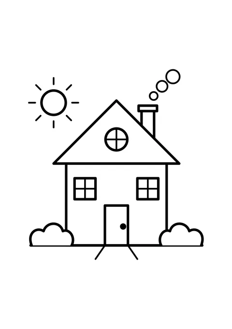 Ausmalbild: Haus aus einfachen Formen mit Schornstein und Sonne