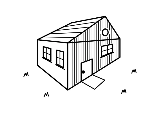 Ausmalbild: Haus über Eck in Perspektive mit Giebeldach und Tür