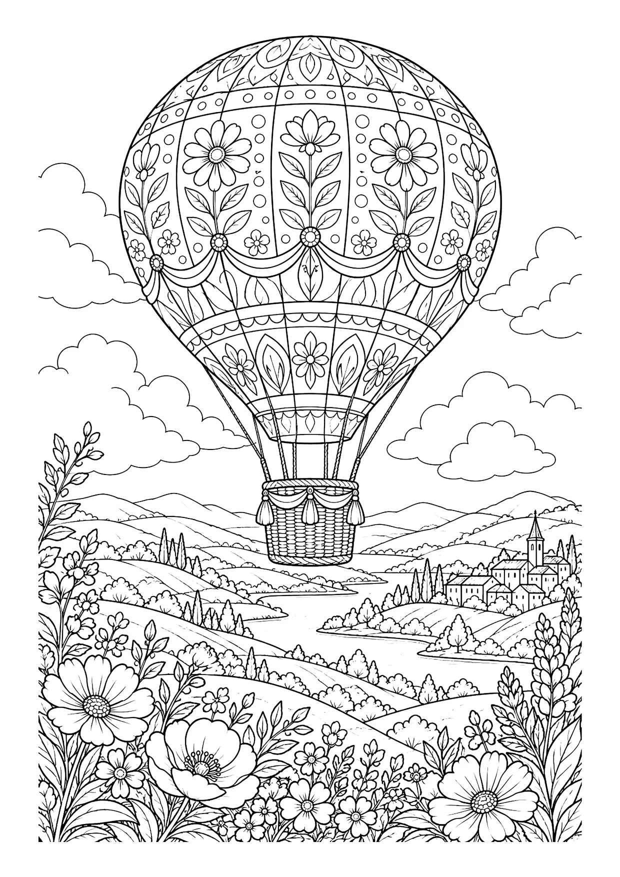 Ausmalbild: verzierter Heißluftballon mit Blumenmuster über Hügellandschaft mit Fluss, Dorf und Blumenwiese