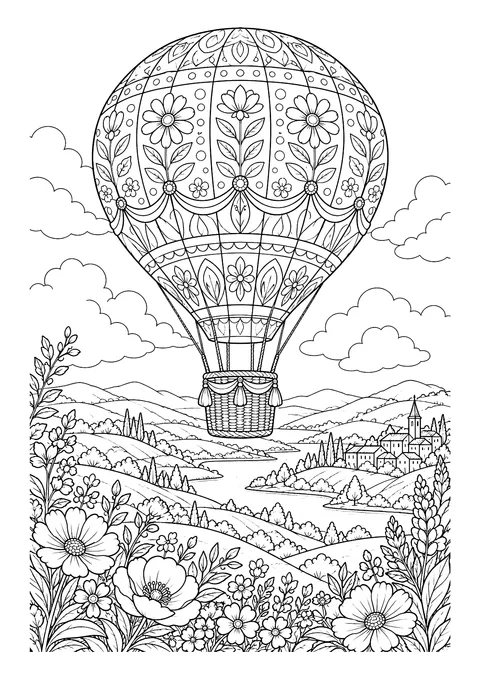 Ausmalbild: verzierter Heißluftballon mit Blumenmuster über Hügellandschaft mit Fluss, Dorf und Blumenwiese