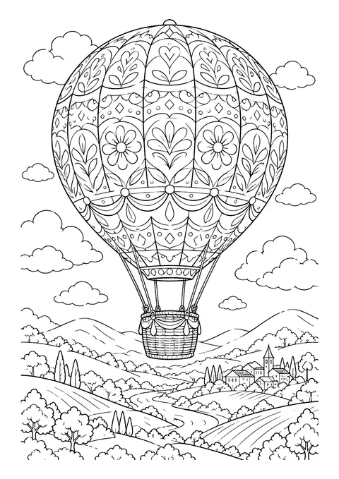 Ausmalbild: gemusterter Heißluftballon mit Korb über Hügeln mit Bäumen, Feldern und einem Dorf mit Kirchturm