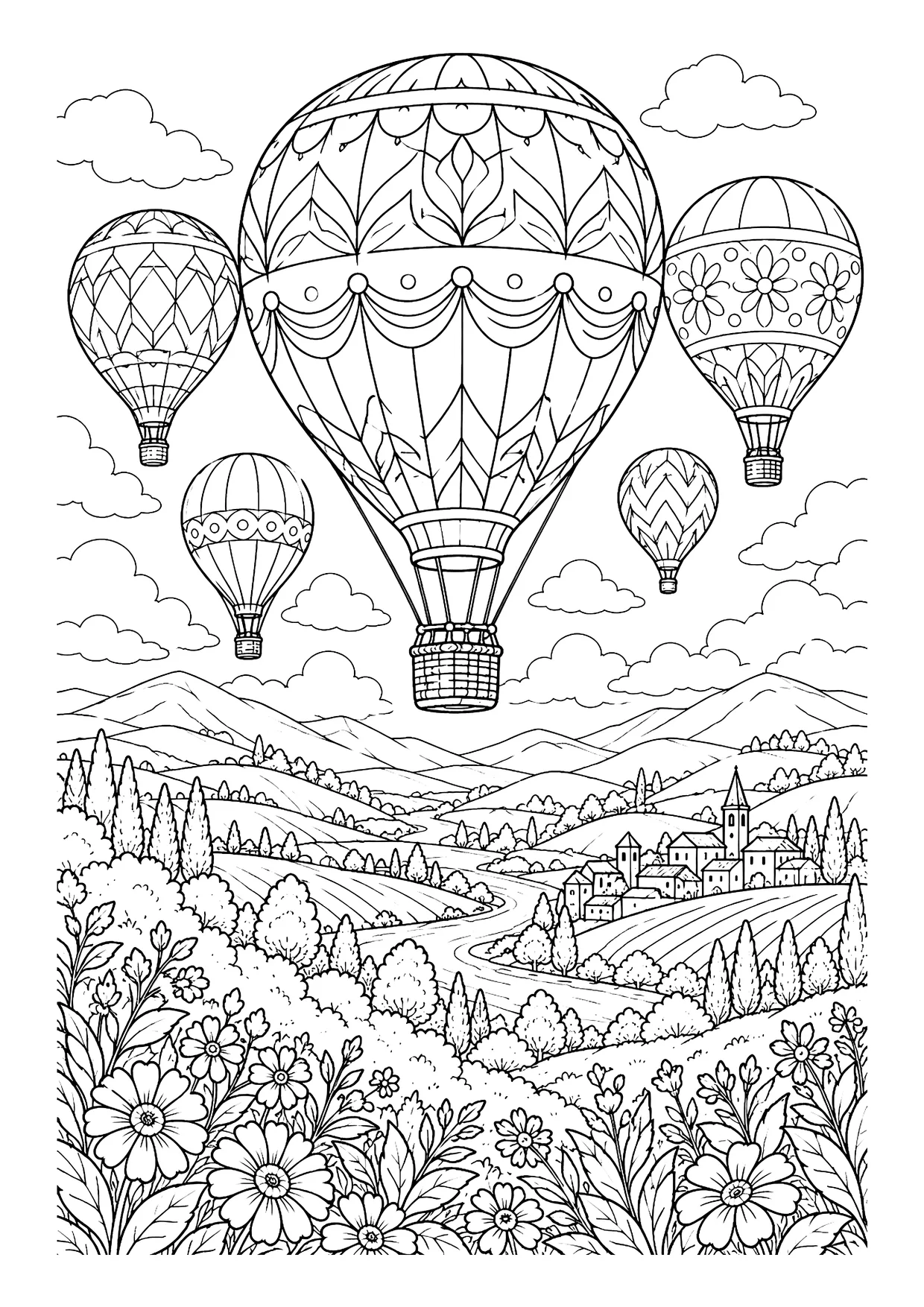 Ausmalbild: Sechs gemusterte Heißluftballons über Hügeln mit Dorf, Zypressen und Blumenwiese