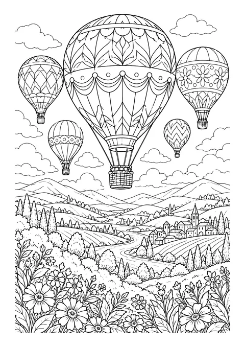 Ausmalbild: Sechs gemusterte Heißluftballons über Hügeln mit Dorf, Zypressen und Blumenwiese