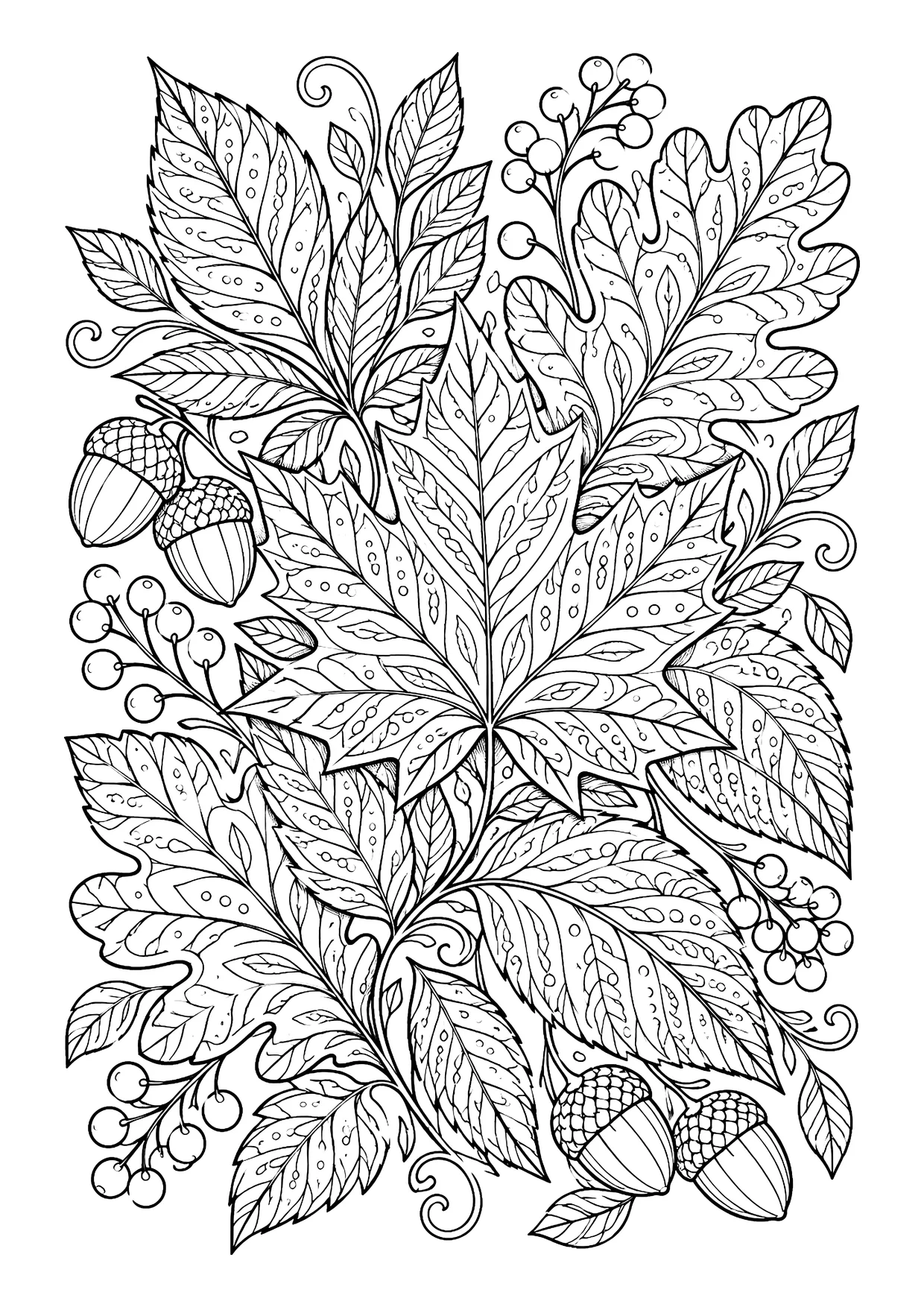 Ausmalbild: dichtes Muster aus Herbstblättern mit feinen Adern, Eicheln, Beerenzweigen und Ranken